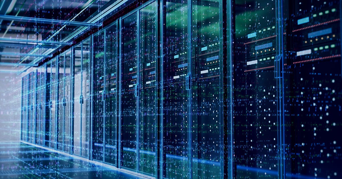 A modern data center with rows of server racks and a vibrant display of digital binary code overlay, symbolizing the flow of information and the backbone of internet infrastructure.