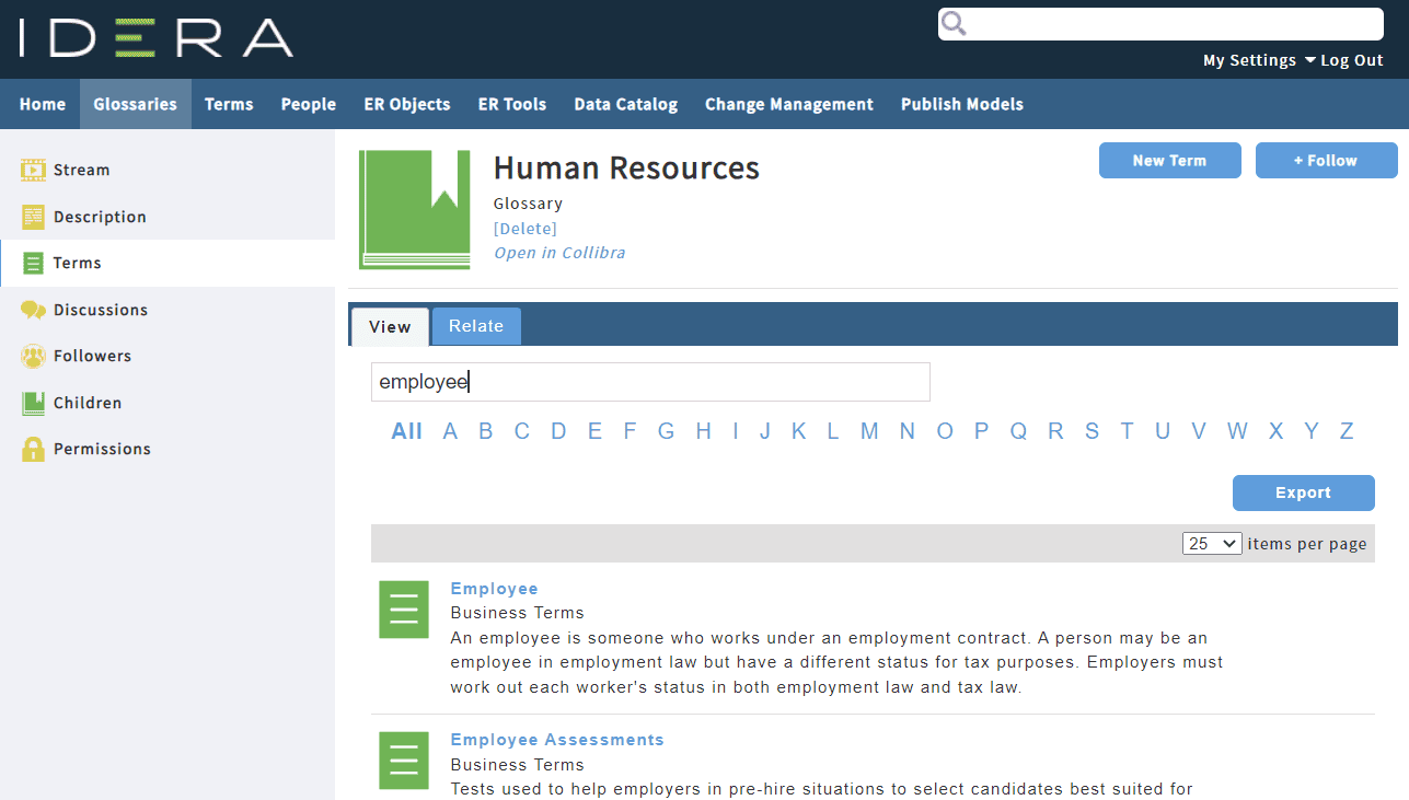 Business glossaries and terms